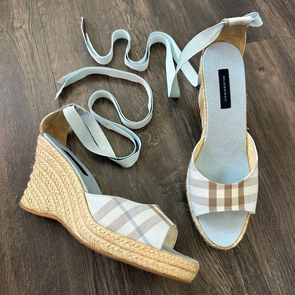 Burberry Blue Nova Check Espadrille Heels Wedge Sandals Wrap Ankle Tie Sz 40/10